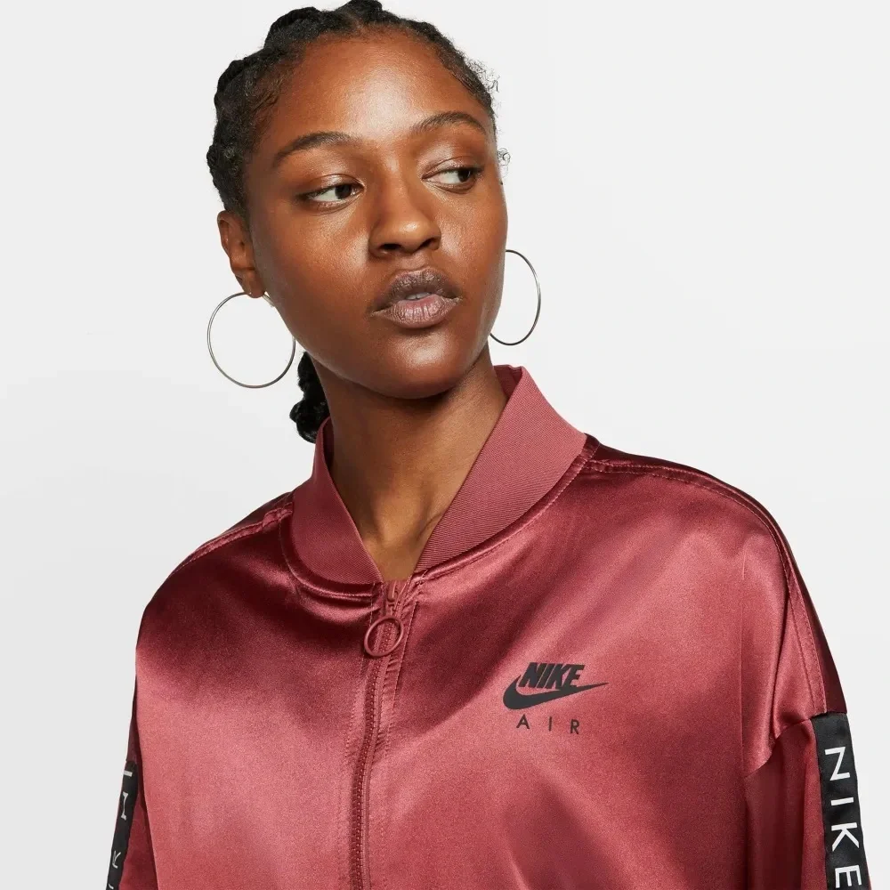 Nike Air Burgundy Satin Zip Up Cropped Loose Fit Track Bomber Jacket Size M - Picture 3 of 15